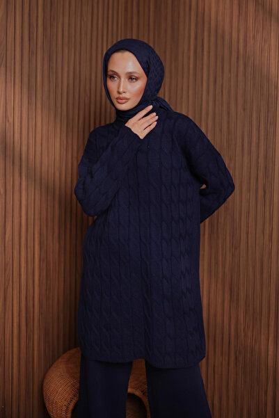 Balenbi Women's Oversized Hair Braid Pattern Trouser Hijab Knitwear Set 1135