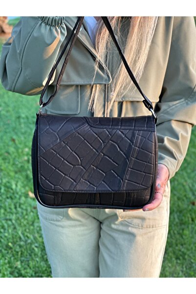 Deribag Genuine Leather, Medium Size, Black, Cross Strap, Women's Shoulder Bag 25*21*8 cm