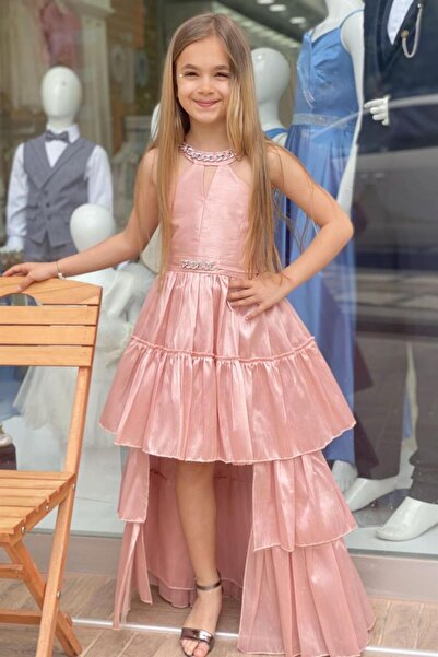Mojo Bebek Erkut Evening Dress with Stone on the Neck and Sleeves, Short in t...
