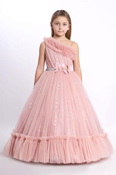 Kanilla Kanila Kız Çocuk Tek Omuz Çiçek Detaylı Tarlatanlı Gelinlik 2216 Pudra