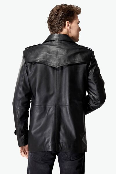 Deriza Kagawa Erkek Siyah Deri Trençkot