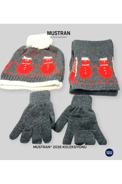 Mustran Children's Fleece-Lined Knitwear Beanie Scarf Gloves Set of 3 - Thick Knitted Winter Gift Model