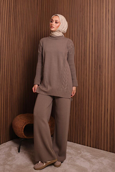 Balenbi طقم تريكو نسائي قصة فضفاضة منسوج بنقشة مع بنطلون 1134