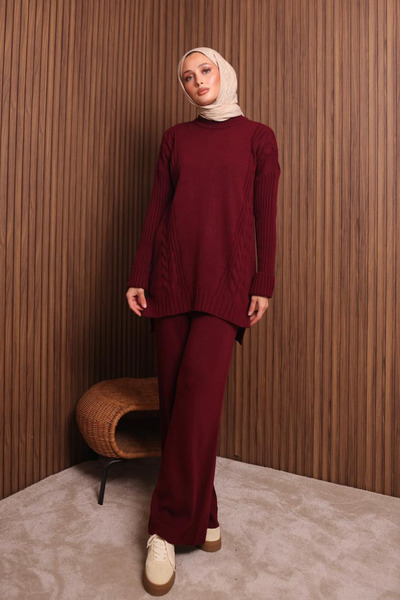 Balenbi Women's Oversized Knitted Patterned Pants Hijab Knitwear Set 1134