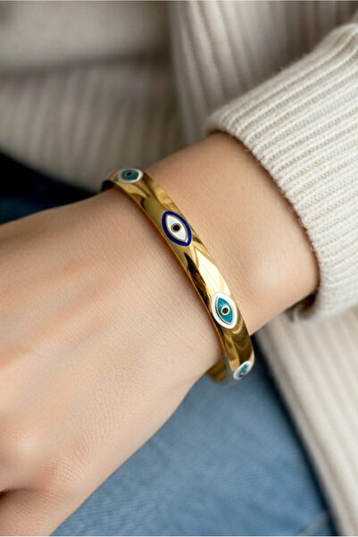 Modacaprea Çelik 18 Cm Çift Taraflı Oval Nazar Göz Kadın Kelepçe Bileklik Kar...