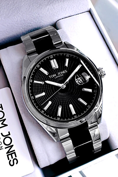 Tom Jones ساعة يد رجالية أصلية هدية مقاومة للماء بسوار فولاذي فضي-أسود GTJE20...