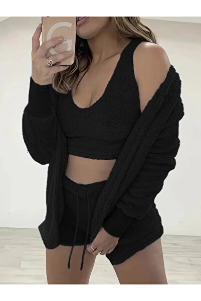 Asil Acar Home Women's Long Sleeve Jacket, Sling Plush Blouse and Shorts Three-Piece Set