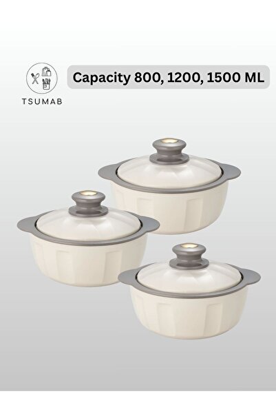 TSUMAB Insulated Casserole Hotpot Set of 3 (800 ml, 1200 ml, 1500 ml) – Double Wall Stainless Steel