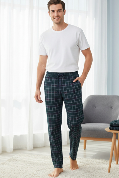 Elemge Καρό βαμβακερές ανδρικές πιτζάμες - Μαλακή, χαλαρή εφαρμογή και πράσινη χαλαρή εφαρμογή με κορδόνια με τσέπες