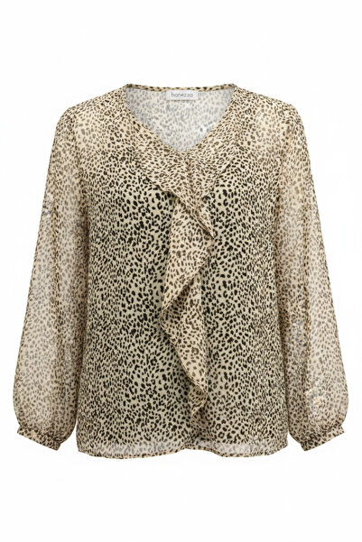 Hanezza Kadın Büyük Beden Önü Fırfır Detaylı Leopar 42-54 Silky Şifon Bluz ( Iç Askılı Bluz Ile Gönderilir )