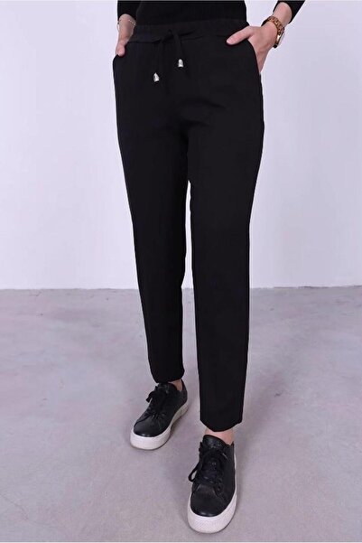 TRENDTESETTÜR Women's Black Elastic Waist Straight Cut Pants T 10001