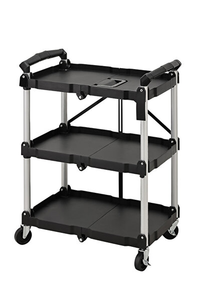 Lawazim 3 Layer Collapsible Trolley Black 65x85x60cm - Folding Utility Cart with Wheels