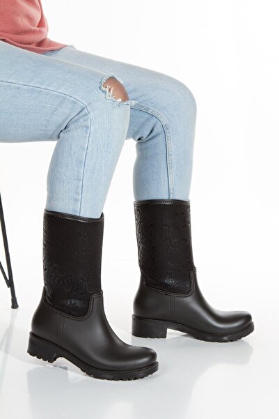 Sea&Blue Μαύρο μποτάκι με μοτίβο φιδιού, αδιάβροχο, άνετο στη χρήση Rain Boots-4003