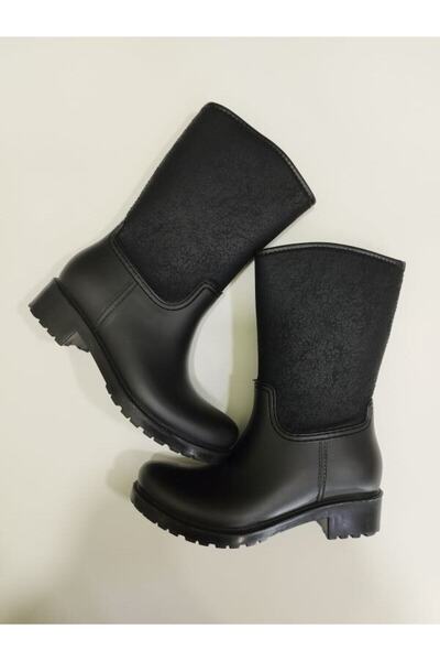 Sea&Blue Eskitme Desenli Siyah Baldır Seçmez Su Geçirmez Rahat Giyilen Yağmur Botu-4008