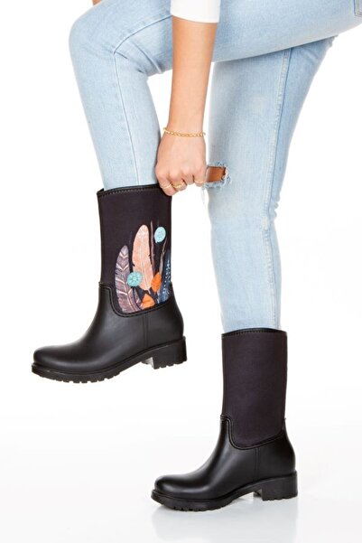 Sea&Blue Πολύχρωμες γυναικείες μπότες βροχής με στάμπα με πούπουλα