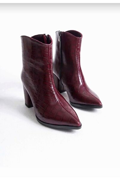 v.s.h velvet Kadın Klasik Kroko Sivri Burun Kalın Topuklu Yandan Fermuarlı Bot