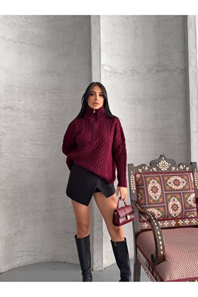 QUSTYLE Pulover de damă, bordeaux, cu fermoar, cu model de împletitură de păr...