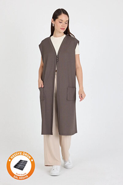 larocci Kadın Standart V Yaka Çizgi Detaylı Kolsuz Cepli Yelek