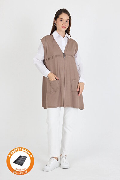 larocci Women's Standard V Neck Line Detailed Sleeveless Pocket Short Vest