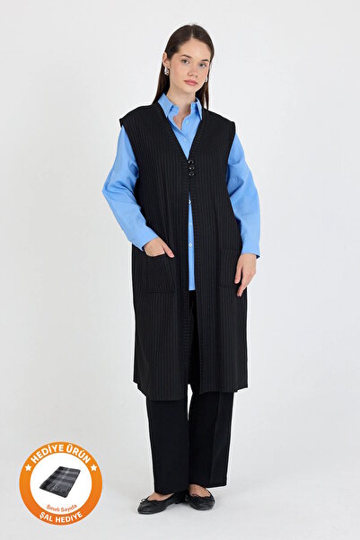 larocci Women's Standard V-Neck Line Detailed Sleeveless Vest with Pockets