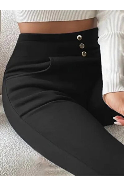 Butik Women's High Waist Pocketed Buttoned Fleece-Lined Diver Leggings Pants