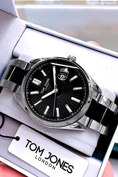 Tom Jones Orijinal Erkek Kol Saati Su Geçirmez Gümüş - Siyah Çelik Kordon Hediye Bileklik DKH4152C1