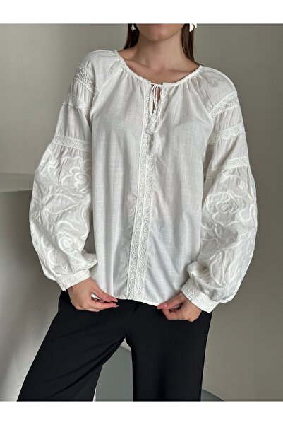 ubmbutik Linen Embroidered Balloon Sleeve Blouse
