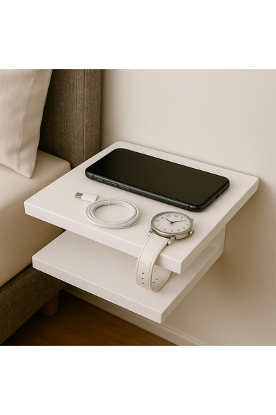 ALADAĞ HOME Minimalist Duvar Tipi Beyaz Yatak Yanı Raf – 2 Katlı Telefon ve Saat Rafı 30x25 cm