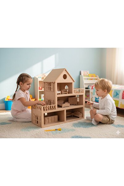 Özka Hobi Ahşap Ahşap Minyatür Oyuncak Evi ve Mobilya Takımı, kahverengi, şık...
