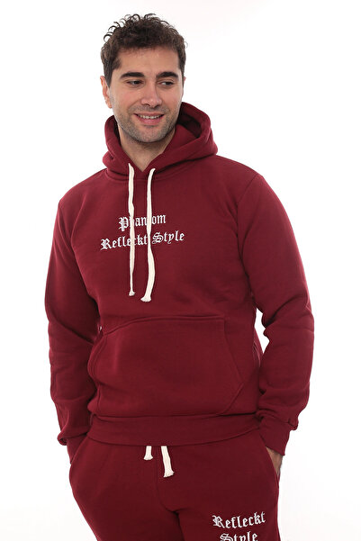 PHANTOM JEANS Ανδρικό σετ αθλητικής φόρμας μπορντό, κομψό, με φλις εσωτερικά, ελαστικά πόδια, τσέπες, K με κουκούλα Κομψό σετ με λεπτομέρειες κεντήματος