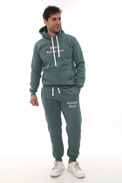 PHANTOM JEANS Petrol Men's Fleece-Lined Tracksuit Set with Elasticated Legs and Pockets K Hooded Compact Set with Embroidery Detail