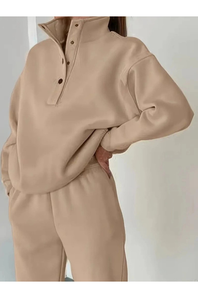 Butik Women's Long Sleeve Fisherman Mock Neck Piece Buttoned Three Thread Blouse and Pants Double Suit