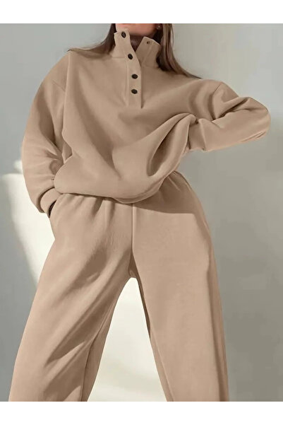 Butik Women's Long Sleeve Fisherman Mock Neck Piece Buttoned Three Thread Blouse and Pants Double Suit