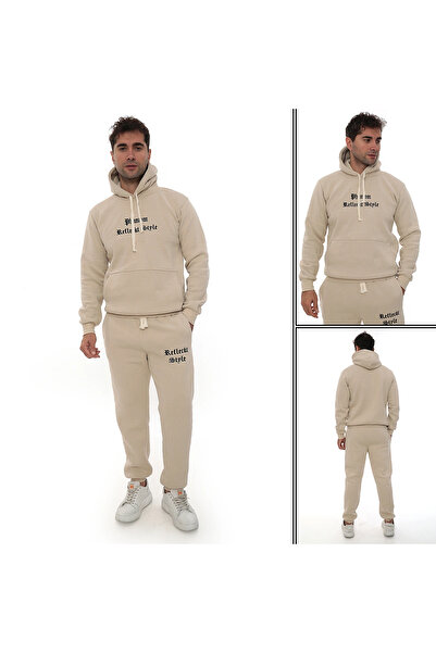 PHANTOM JEANS Beige Stylish Men's Tracksuit Set with Fleece Inside, Elasticated Legs, Pockets, K Hooded Embroidery Detail, Compact Set