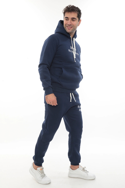 PHANTOM JEANS Mavi Şık İçi Polarlı Erkek Eşofman Takımı Paça Lastikli Cepli Kapüşonlu Nakış Detaylı Compact Takım