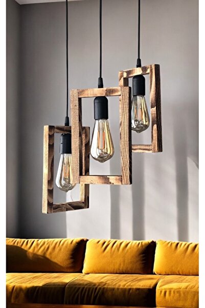 ONUR AVİZE Retro Rustik el yapımı doğal ahşap 3’lü sarkıt siyah avize