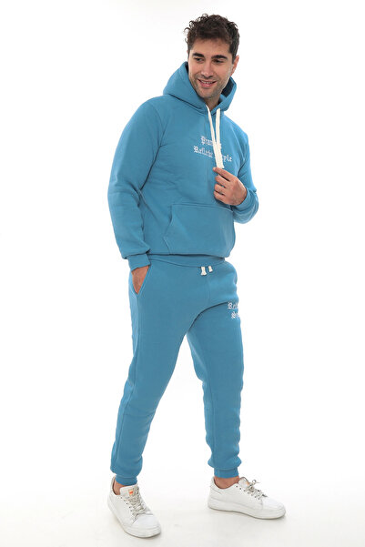 PHANTOM JEANS Ανδρικό σετ αθλητικής φόρμας σε ανοιχτό μπλε τιρκουάζ με φλις εσωτερικά, ελαστικά πόδια και τσέπες K με κουκούλα Κέντημα με λεπτομέρειες
