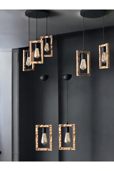 ONUR AVİZE Retro Ahşap Eskitme Tekli,ikili,üçlü Sarkıt Siyah Set