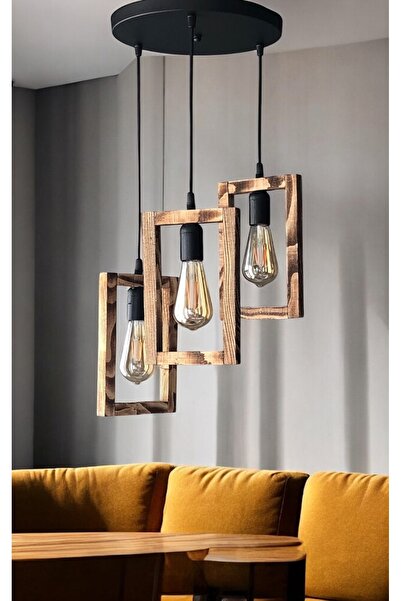 ONUR AVİZE Retro Rustik el yapımı doğal ahşap 3’lü sarkıt siyah avize