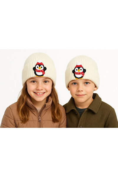byebruketenci Pinguinul de Anul Nou - Beretă din lână crem pentru copii, cu d...