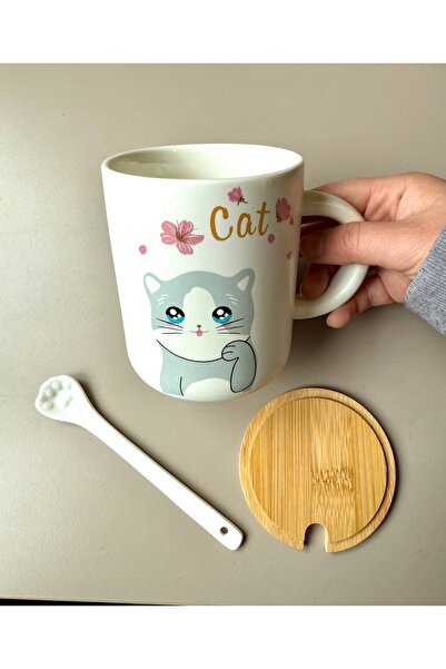 Two Two cat figürlü pati kaşıklı-seramik kupa-kedili bardak-Kaşıklı ahşap kap...