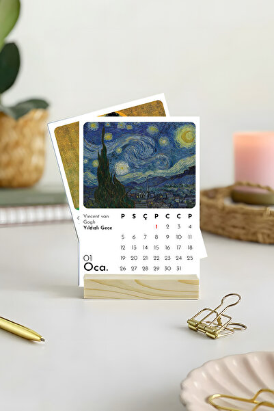 Anime Marketi Sanatçılar ve Eserleri Temalı 2026 Yılı Ahşap Standlı Masa Takvimi