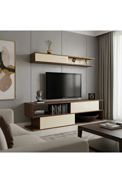 Stylish Home Brown and beige wood TV table with wall shelf - TV26