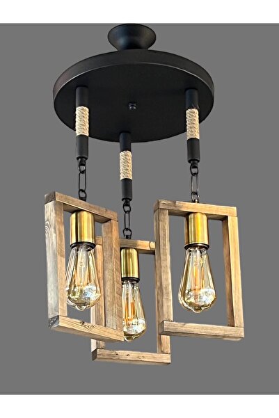 ONUR AVİZE Retro Rustik Modern Vintage Halatlı Eskitme Duylu Vegas Ahşap 4'lü Sarkıt Avize