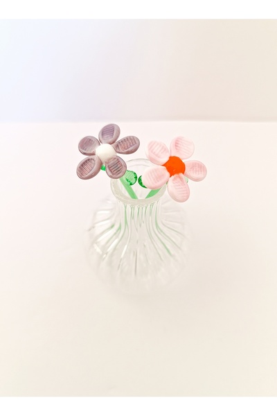 ADAMODART Minyatür 2'li Cam Papatya Mini Vazo Set - Pembe ve Mor