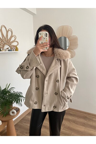 Nihanello Butik Açık Vizon Kaşe ceket