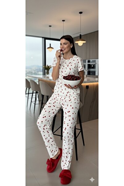 ELİBELLA طقم بيجامة نسائي من القطن الليكرا بنقشة الكرز