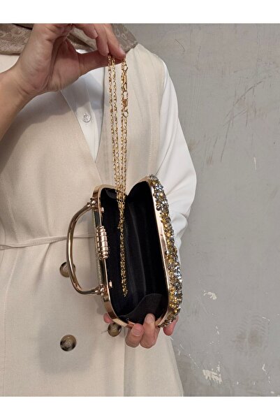 H&D COLLECTİON Crystal Cast Gold Stone Scholarship Women's Handbag and Long Chain Strap Evening Dress Bag