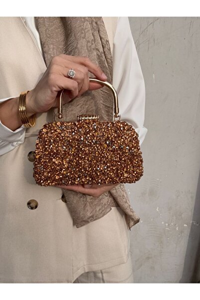 Çanta Trend Kristal Dökme Rose Taşlı Burslu Kadın El Ve Uzun Zincir Askılı Abiye Çanta