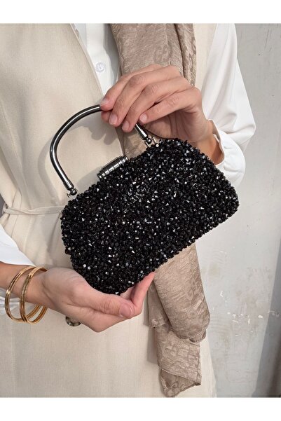 Çanta Trend Kristal Dökme Siyah Taşlı Kadın El Ve Uzun Zincir Askılı Abiye Çanta